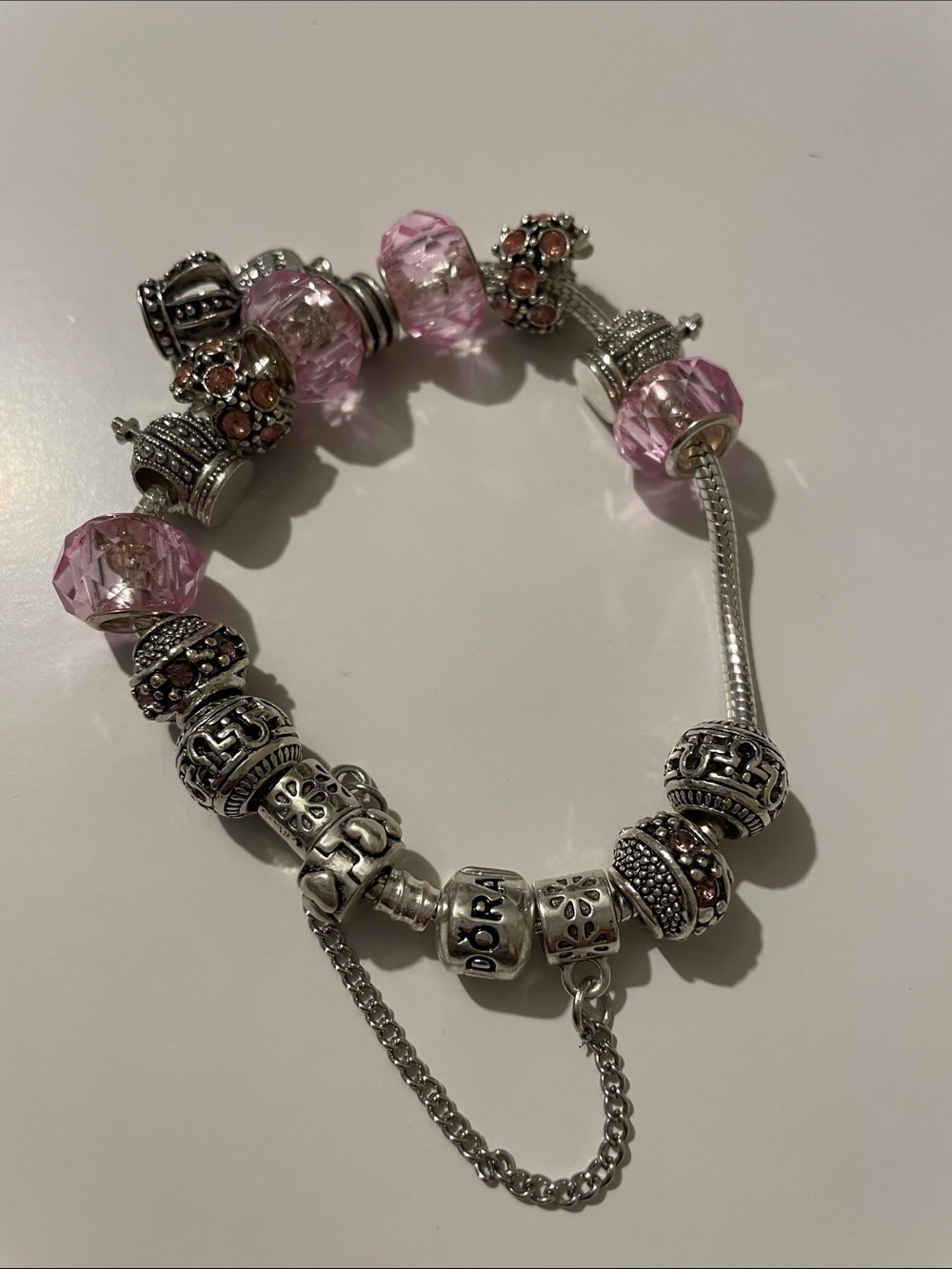 Pandora Silver Bracelet with Pink Crystal and Decorative Charms